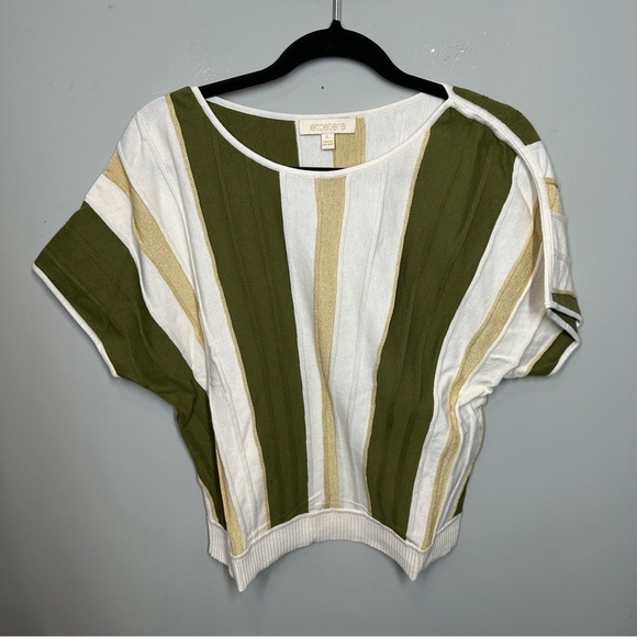 Etcetera Green Stripe Pleated Ribbed Knit Short Sleeve Top - Picture 1 of 4